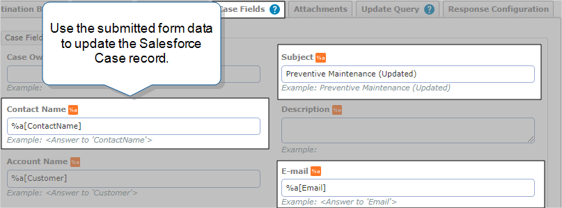 Case Fields tab that shows the "Contact Name" Salesforce field mapped to the data from the "ContactName" question in the form: %a[ContactName]