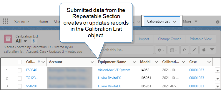 Salesforce "Calibration List" records that show three calibration records. These rows contain the data from the Repeatable Section of the form.