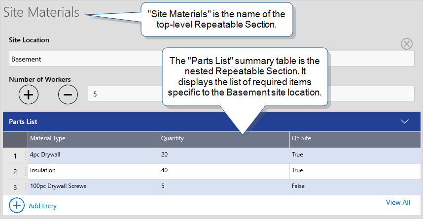 A nested Repeatable Section enables you to create multiple related entries to a single high-level entry. In this example, the nested section provides a list of materials required for a specific work site location.