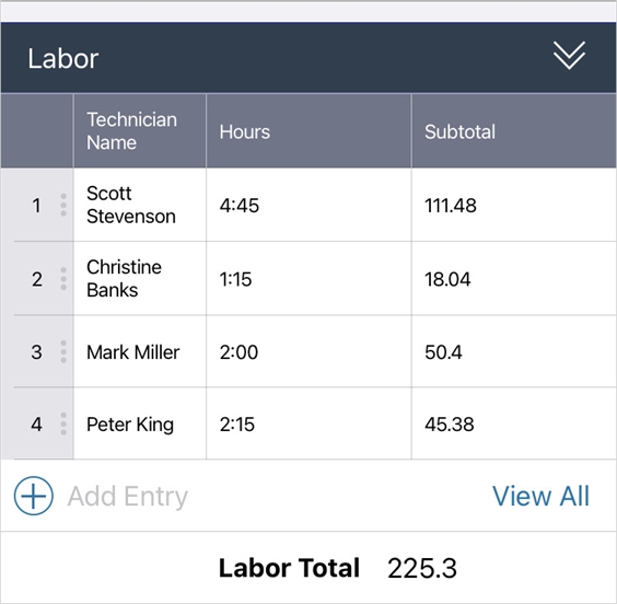 An example of a Repeatable Section summary table with an Aggregation footer. The table displays the labor details of multiple technicians.