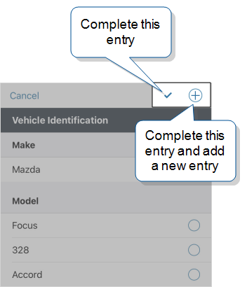 Subform open and showing the checkmark to complete this entry and the plus sign to complete this entry and add a new entry