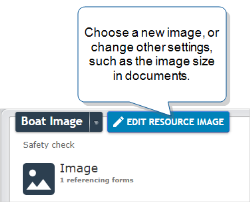 "Boat Image" resource image details page that shows the "Edit Resource Image" button. Select this to choose a new image or change other settings, such as the image size in documents.