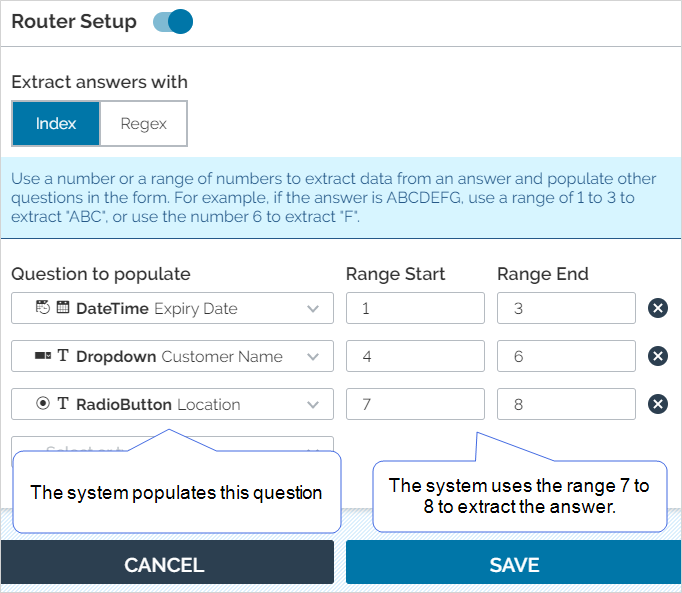Shows how to extract answers with Index and select a range to populate target questions