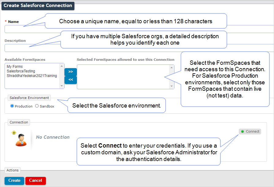 A screenshot of Prontoforms interface showing steps 4 to 9 for configuring a Salesforce Connection