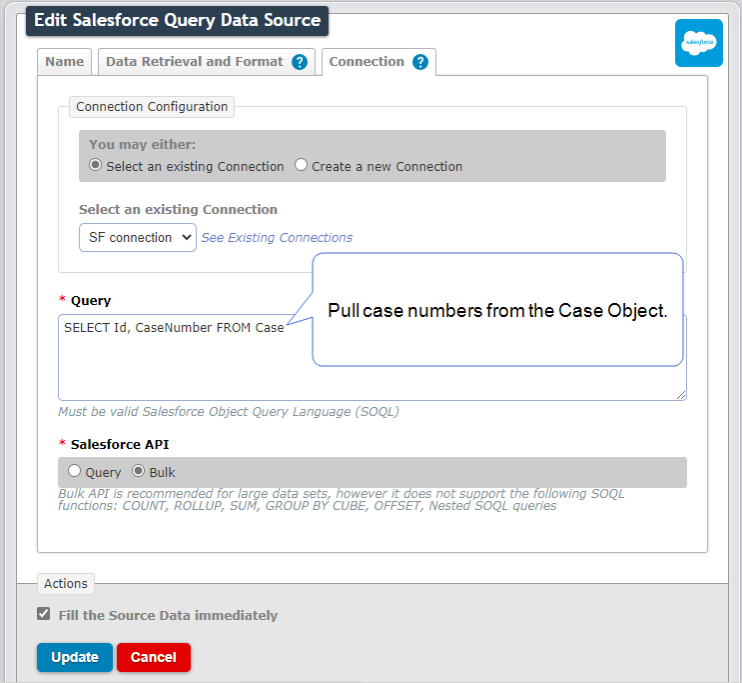 Shows a Salesforce Query Data Source configured to pull case numbers from the Case Object.