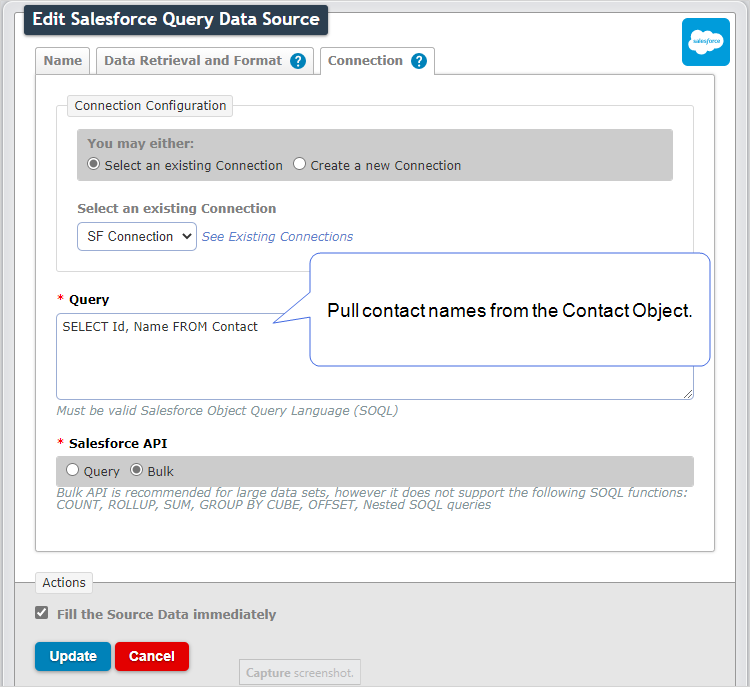 Shows a Salesforce Query Data Source configured to pull contact names from the Contact Object.