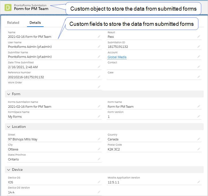Shows custom fields in a custom Salesforce object configured to store specific form data.