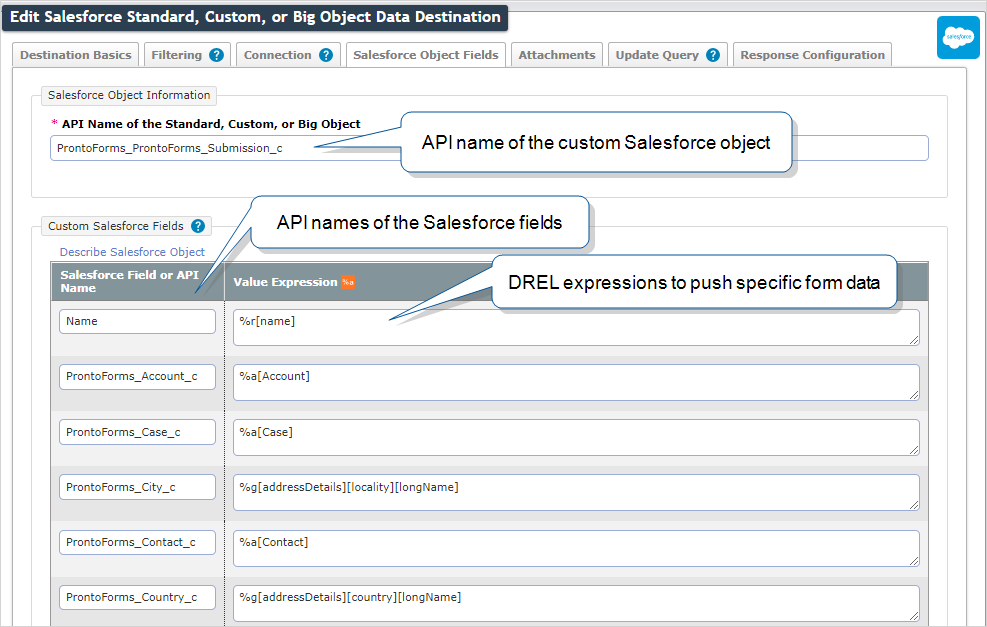 Shows the Salesforce Object Fields configuration example that maps form data to multiple fields.