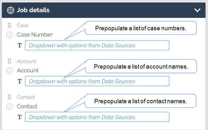 Shows form questions configured to pull data from Salesforce Data Sources
