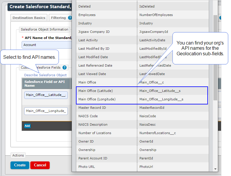 Select "Describe Salesforce Object" to open a list of API names related to your object.