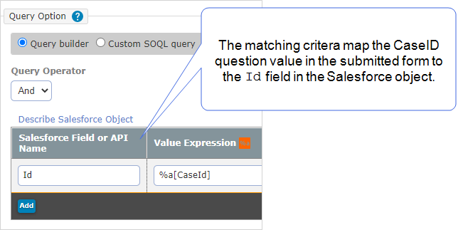The matching critera map the CaseID question value in the submitted form to the Id field in the Salesforce object.