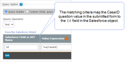 The matching critera map the CaseID question value in the submitted form to the Id field in the Salesforce object.