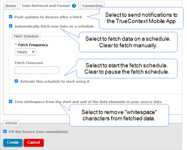 Data Retrieval and Format tab showing the Fetch Schedule with the automatic fetch option selected