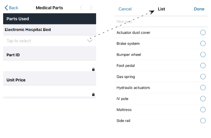 A TrueContext Data Source prepopulates a form with parts list pulled from a ServiceMax org.