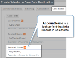 Salesforce Case Data Destination that shows the standard fields "Case Owner", "Contact Name", and "Account Name". The Account Name field has the DREL expression %a[Account]. In Salesforce, Account Name is a lookup field that links the case record to an account record.