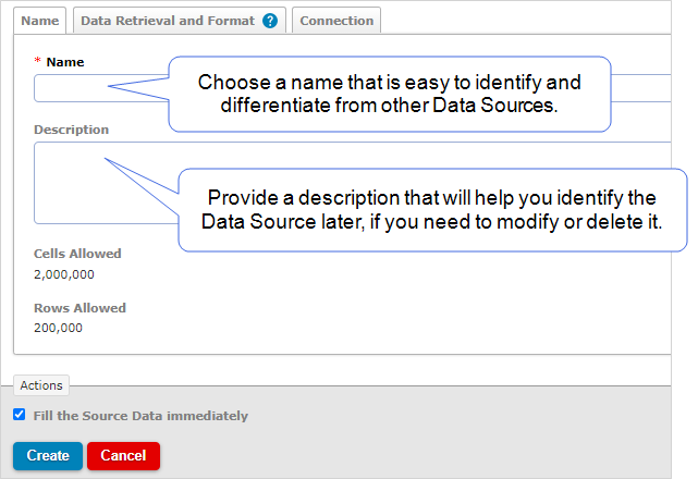 Name tab showing instructions to choose an easy to identify name and description for the Data Source.