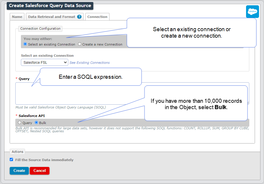 Connection tab for Salesforce Query Data Source showing an option to select existing connections or create new connections. The Connections tab allows you add a SOQL query and select the type of Salesforce API.