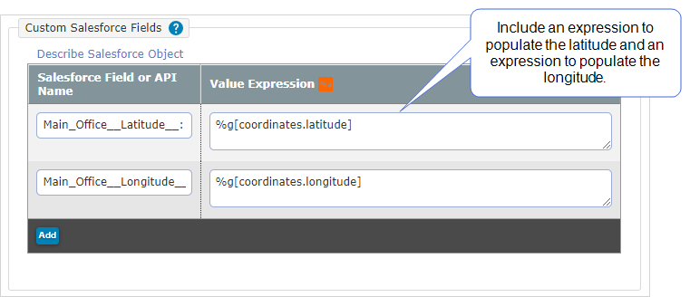 Include the Geo location DREL expressions for latitude and longitude under the Value Expression column.