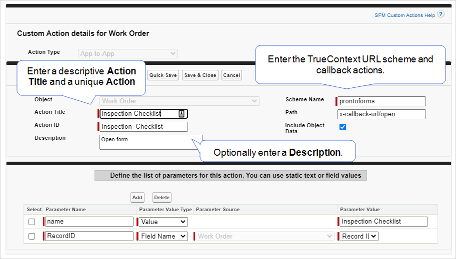 Shows how to enter a descriptive Action Title and a unique Action ID. Also, how to enter the TrueContext URL scheme and callback actions.
