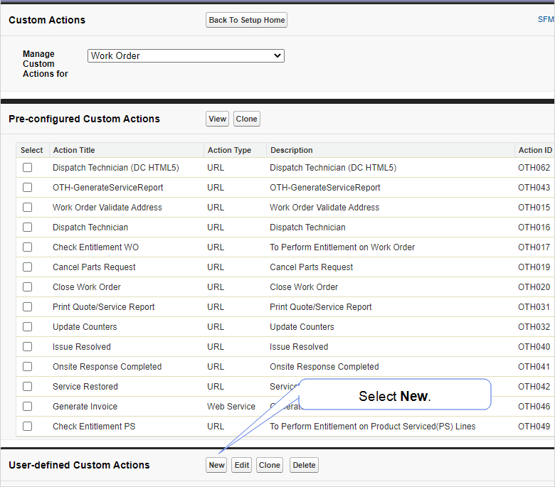 Shows how to select New from the User-defined Custom Actions section on the Custom Actions page.