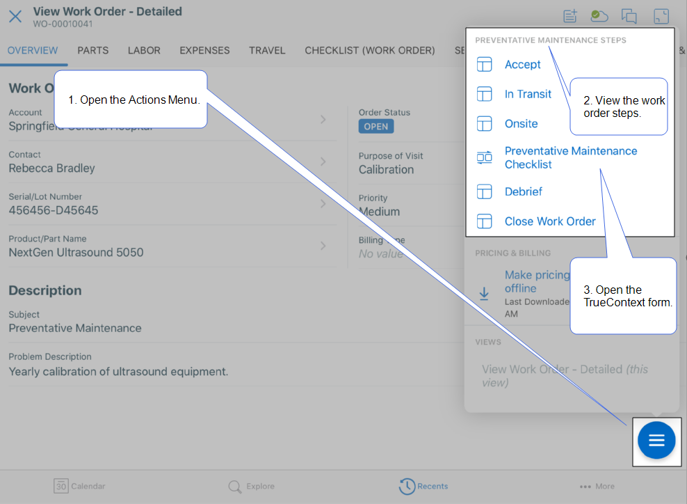 Shows how to open a TrueContext form from the ServiceMax app using the ServiceMax Flow Manager Wizard