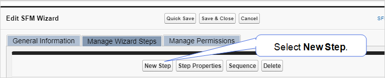 Shows how to select new step from the Manage Wizard Steps tab.