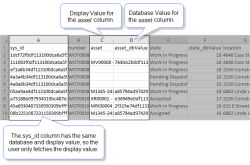 CSV export of a ServiceNow Table Data Source. The column with the heading "asset" includes the Display Value. The column with the heading "asset_dbValue" includes the Database Value.