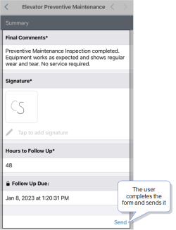 Completed Elevator Preventive Maintenance form in the ProntoForms app. The user sends the form when it's complete.