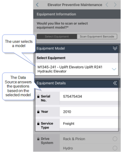 ProntoForms mobile app with a form open. The user selected an equipment model, and the Data Source populated the answers to related questions.