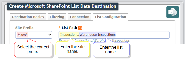 SharePoint List Data Destination path configuration for an existing list.