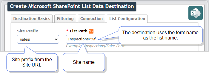Site Prefix and List Path configuration. The Site Prefix is /sites/ and the List Path is Inspections/%f
