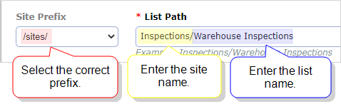 SharePoint List path configuration for an existing list with site prefex = "sites" and list path = "Inspections/Warehouse Inspections".