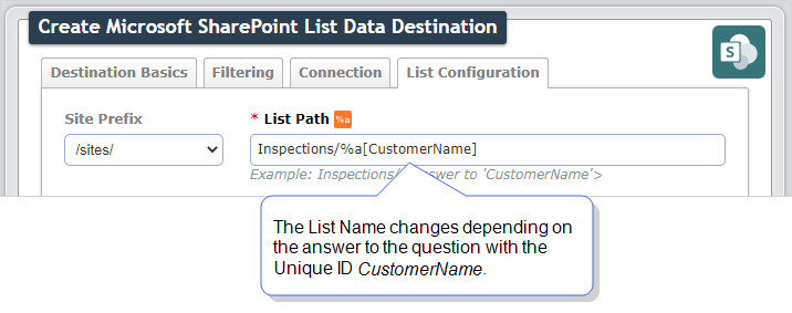 List Path configuration with a list name represented by a DREL expression. The List Name changes depending on the answer to the question with the Unique ID CustomerName.
