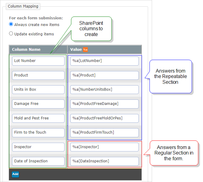 Column mapping using answers from the form's repeatable section and regular section. The option to always create new items is selected. Each answer is mapped to a column that the system creates in SharePoint.