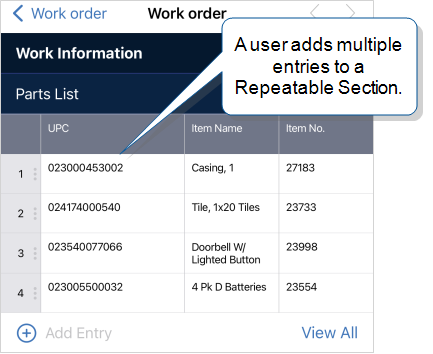 Repeatable section in the ProntoForms Mobile App with a list of parts.
