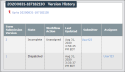 Version history showing the Form Submission Version, State, Workflow action, last updated date and time, submitter, and owner