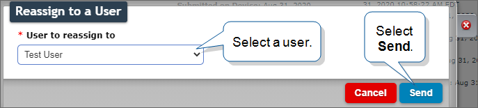 User selection window, select the user and then select Send