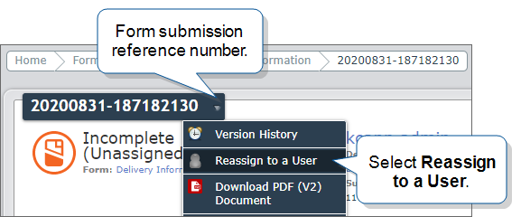 Form submission details showing the Reassign to a User option