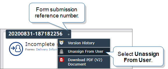 Form submission details showing the Unassign From User option