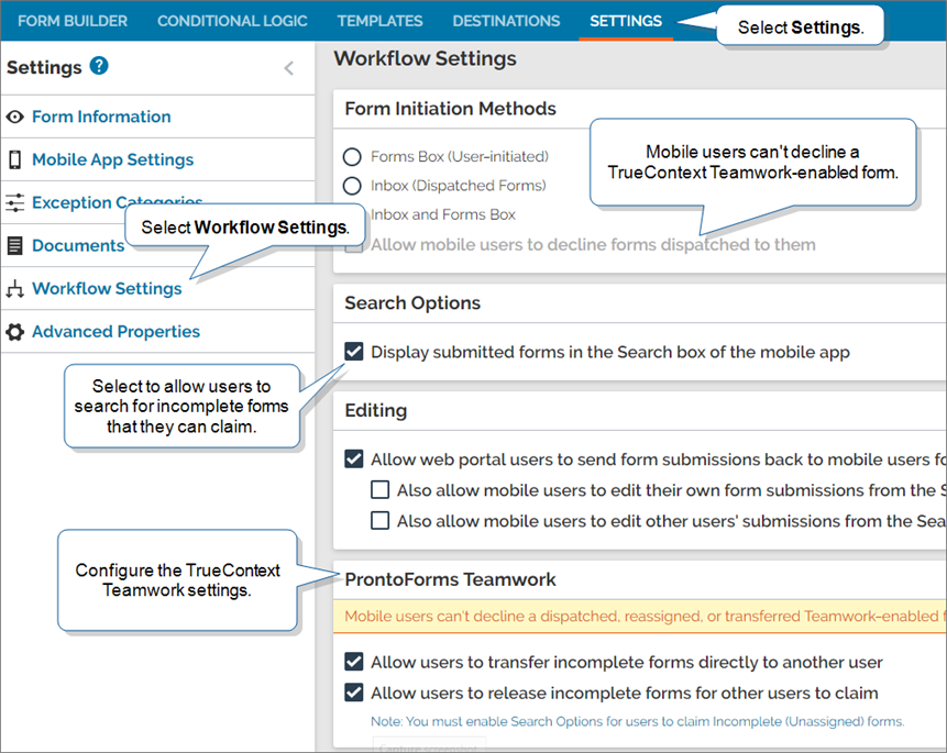 Form Builder with Settings > Workflow Settings > ProntoForms Teamwork configuration