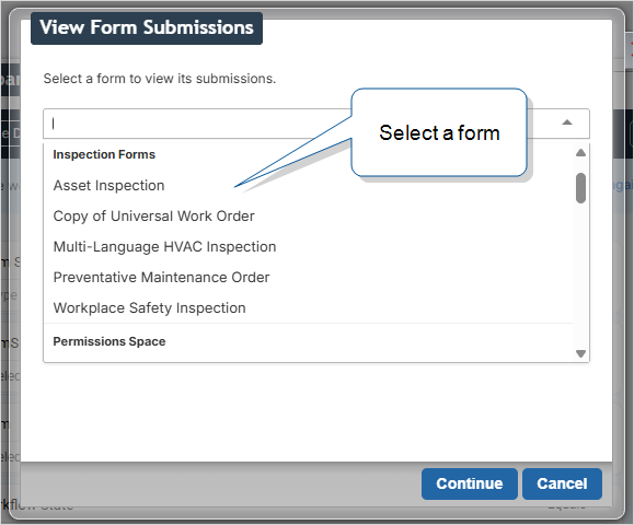The View Form Submissions window with a list of forms to choose from