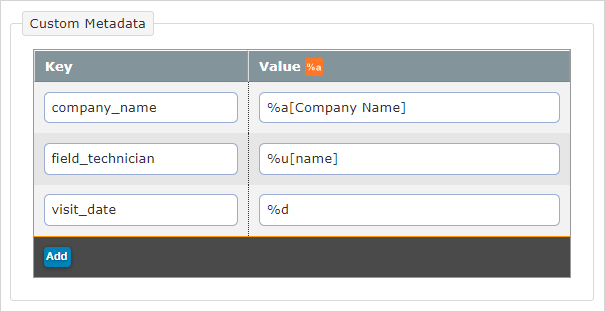 Sample custom metadata configuration for a data destination