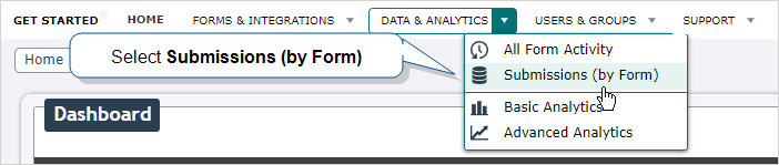 The Data & Analytics menu with Submissions (by Form) highlighted.