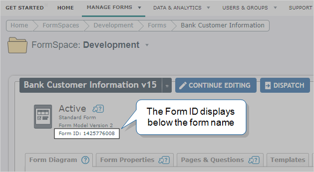 A form properties page in the Web Portal. The Form ID is visible in the top-left, beneath the Form Model version.