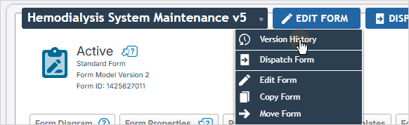 The form menu with the Version History option