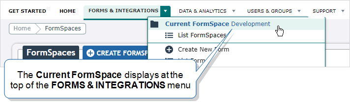 The Forms & Integrations menu with Current FormSpace highlighted.