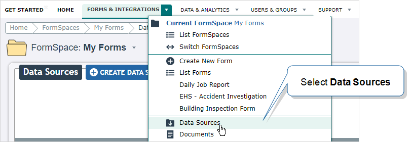 Forms & Integrations menu with Data Sources highlighted