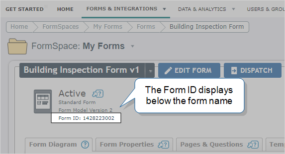 A form properties page in the Web Portal. The Form ID is visible in the top-left, beneath the Form Model version.