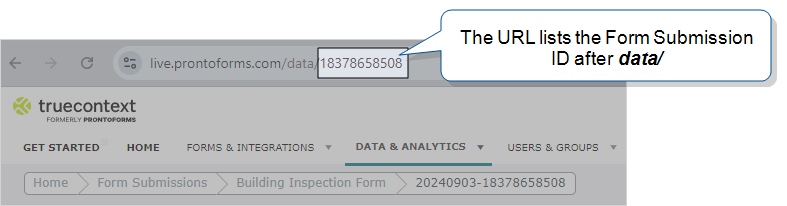 The Form Submission ID highlighted in the URL.