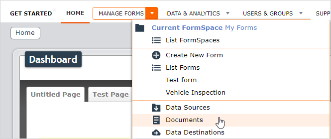 "Documents" in the Manage Forms menu